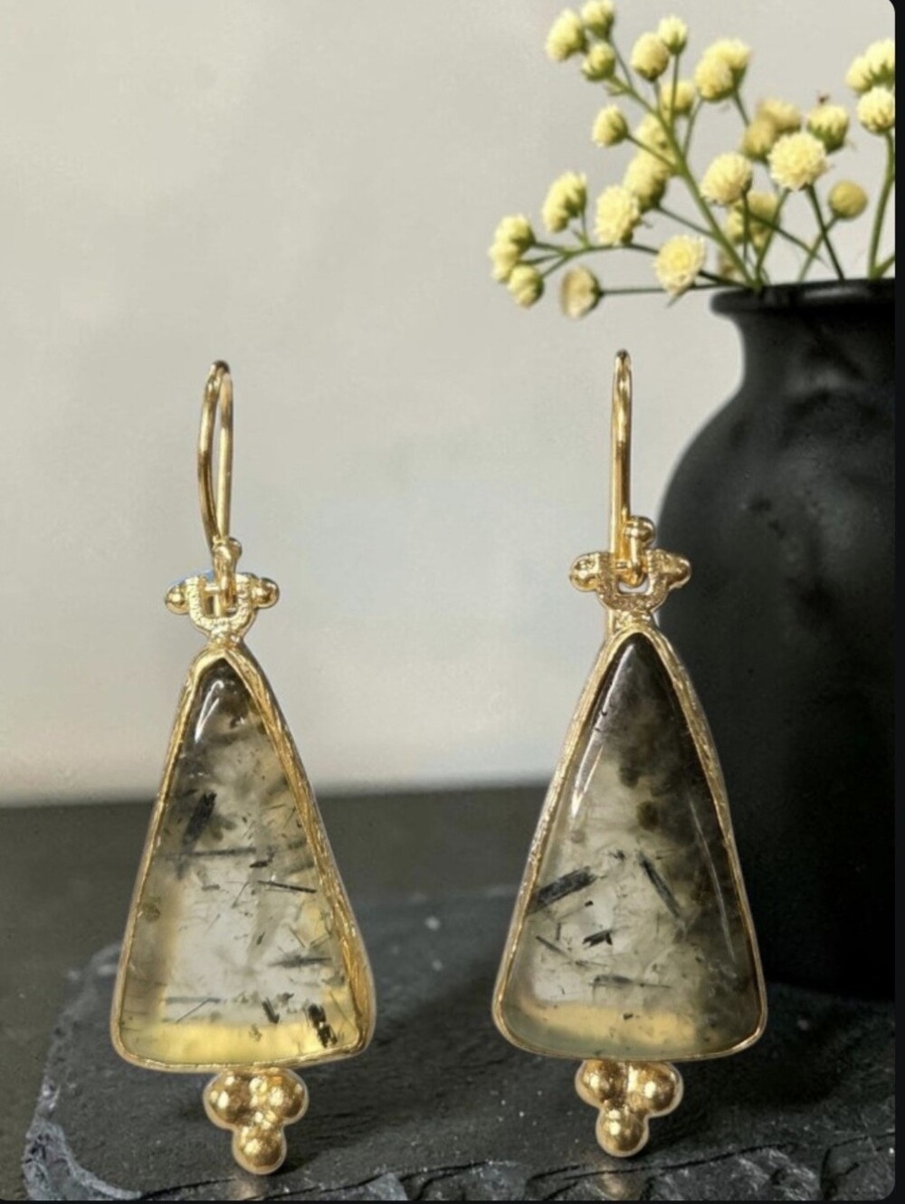 18k Gold Plated Turkish Artisan Prehnite Crystal Stone Geometric Dangle Earrings